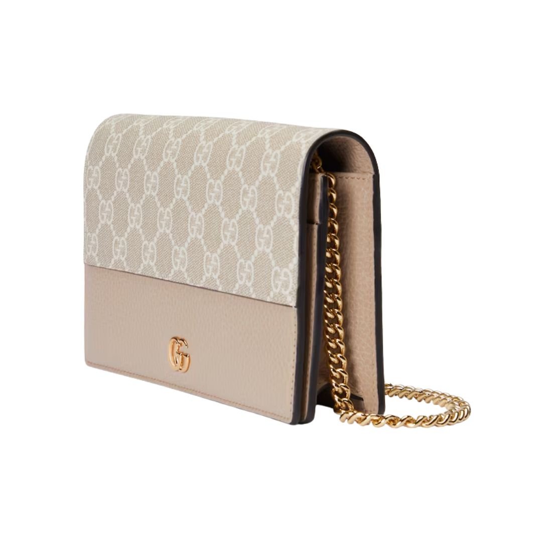 GUCCI GG MARMONT BI-COLOR WALLET ON CHAIN OATMEAL LEATHER