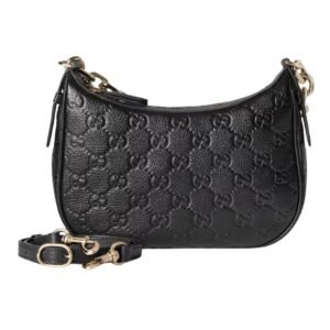 GUCCI GG EMBLEM MEDIUM SHOULDER BAG BLACK LEATHER