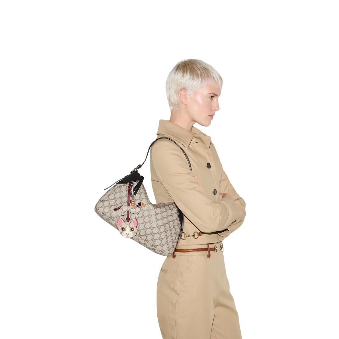 GUCCI GG EMBLEM MEDIUM SHOULDER BAG BEIGE AND DARK BROWN