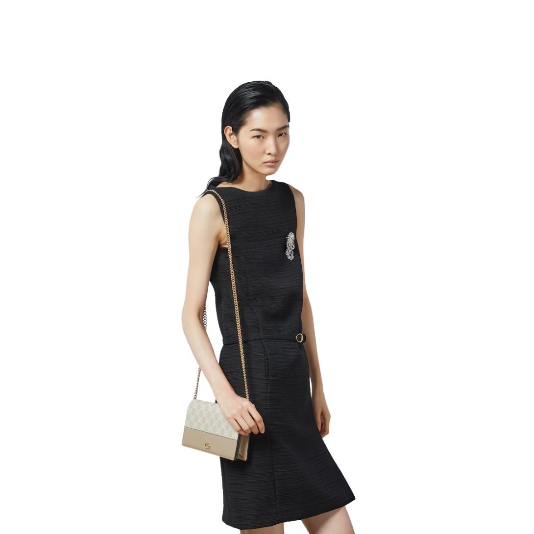 GUCCI GG MARMONT BI-COLOR WALLET ON CHAIN OATMEAL LEATHER