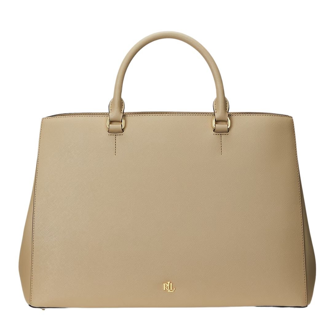 WOMEN'S RALPH LAUREN CROSSHATCH LEATHER LARGE HANNA SATCHEL BIRCH TAN