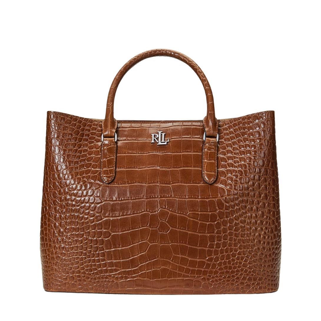 WOMENS LAUREN RALPH EMBOSSED LEATHER LARGE MARCY SATCHEL TOBACCO