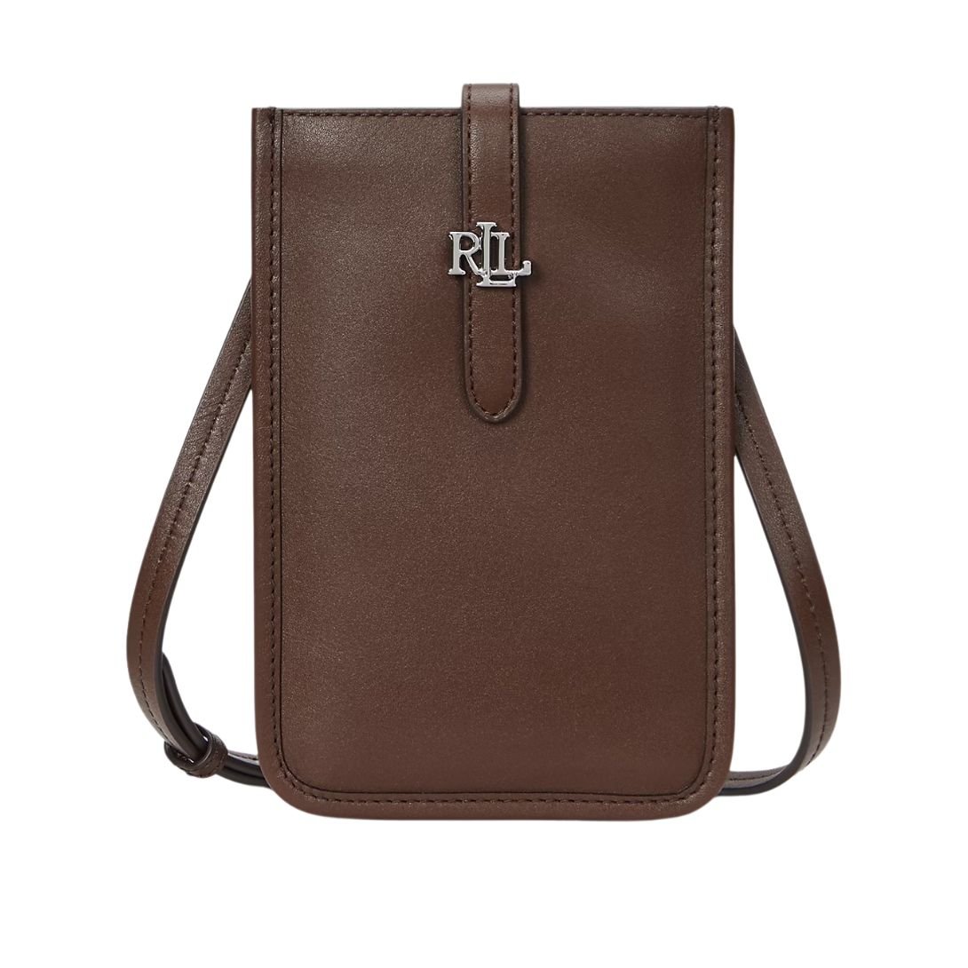 LAUREN RALPH LAUREN LEATHER CROSSBODY TECH CASE DARK MAHOGANY