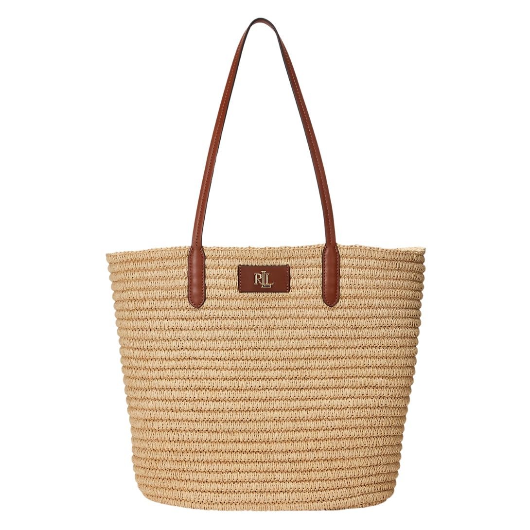 RALPH LAUREN LEATHER TRIM STRAW LARGE BRIE TOTE BAG