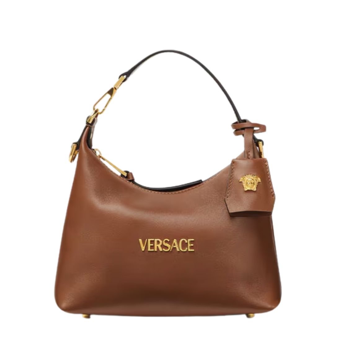 VERSACE TAG HOBO HANDBAG BROWN