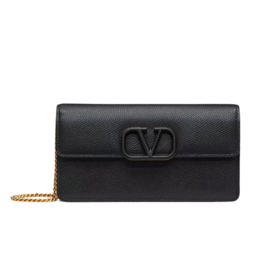 VALENTINO GARAVANI LEATHER WALLET ON CHAIN BLACK