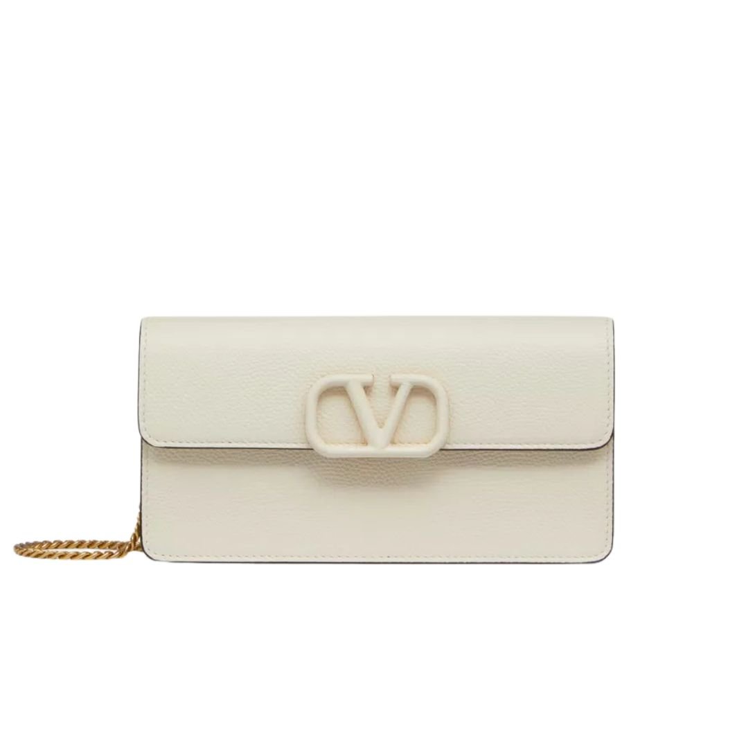 VALENTINO GARAVANI LEATHER WALLET ON CHAIN LIGHT IVORY