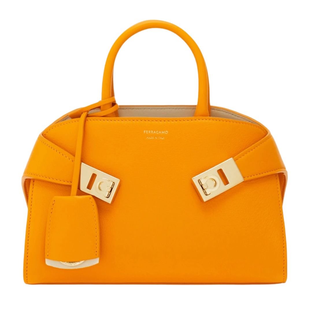 FERRAGAMO WOMEN HUG SMALL LEATHER HANDBAG CUMIN