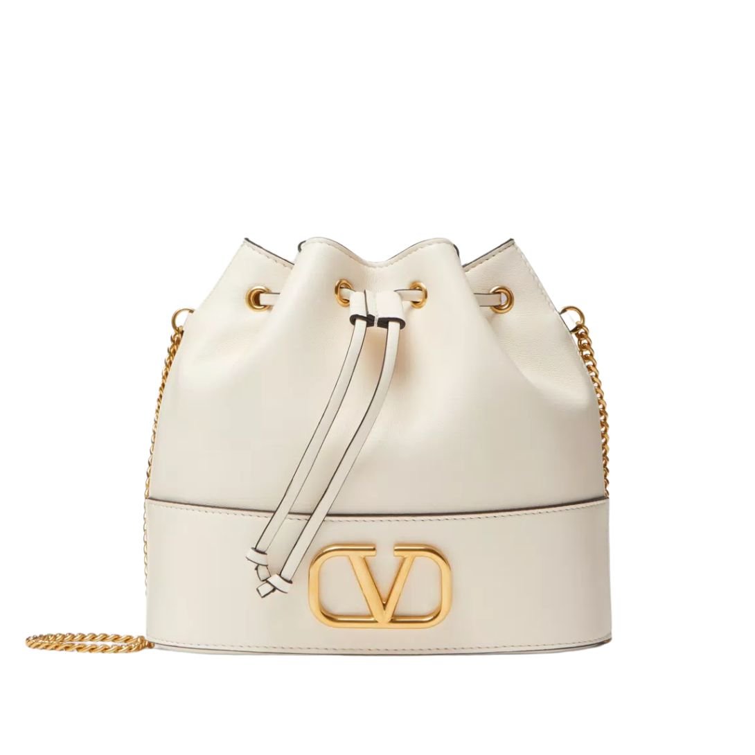 WOMAN VALENTINO GARAVANI VLOGO SIGNATURE LEATHER BUCKET BAG LIGHT IVORY