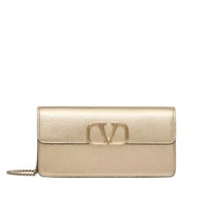 WOMEN’S VALENTINO GARAVANI VLOGO SIGNATURE METALLIC LEATHER WALLET ON CHAIN