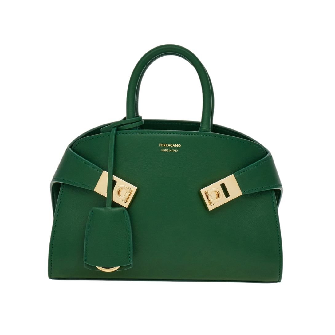 FERRAGAMO WOMEN HUG SMALL LEATHER HANDBAG FOREST GREEN