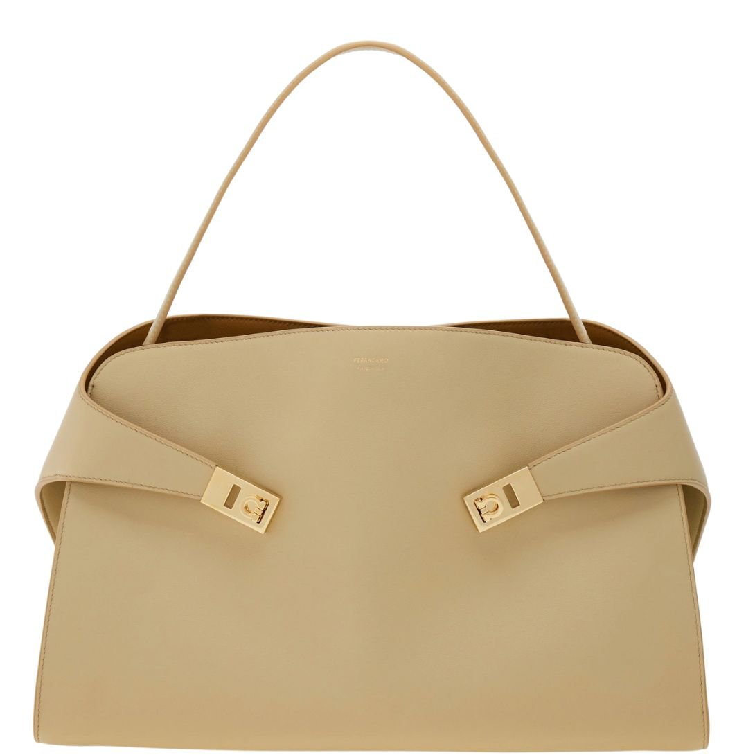 FERRAGAMO WOMEN HUG BICOLOR LEATHER SHOULDER BAG STONE