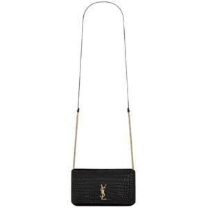 SAINT LAURENT CASSANDRE PHONE HOLDER IN SHINY CROCODILE-EMBOSSED LEATHER BLACK