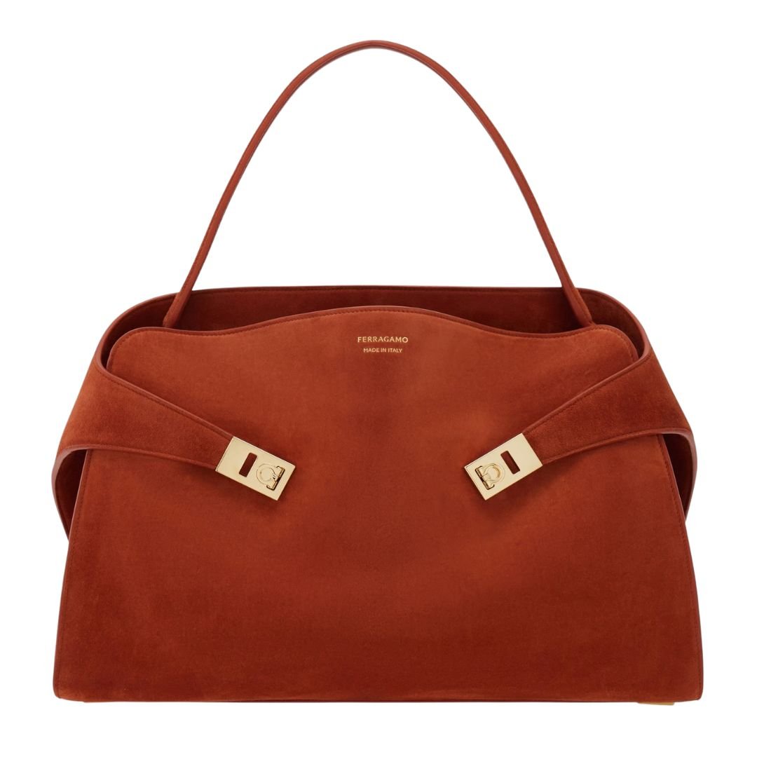 FERRAGAMO WOMEN HUG BICOLOR LEATHER SHOULDER BAG BRICK