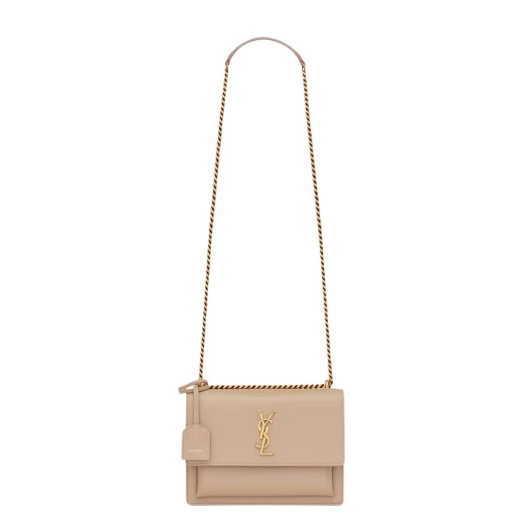 SAINT LAURENT SUNSET LEATHER TOP HANDLE BAG DARK BEIGE