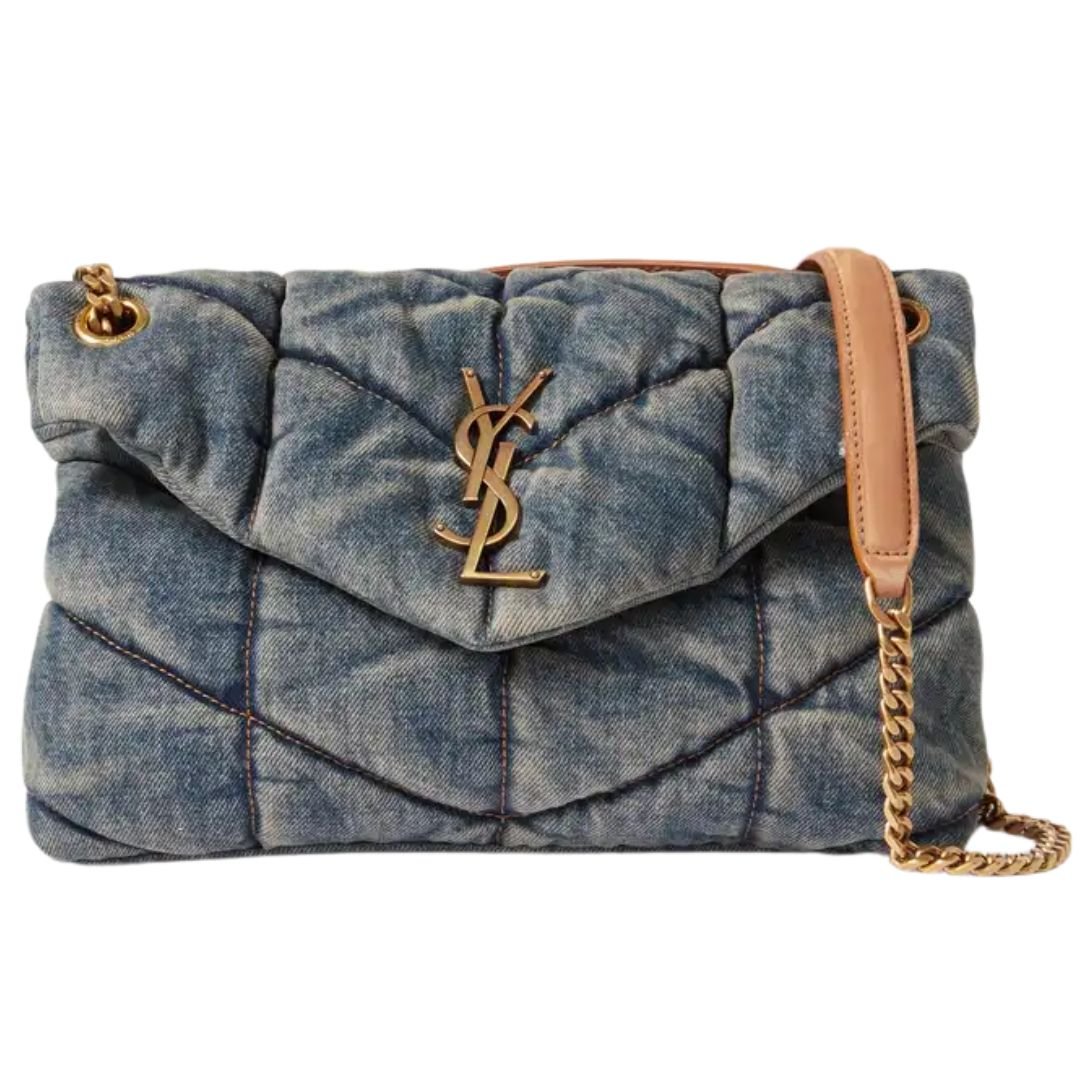 SAINT LAURENT PUFFER SMALL SUEDE-TRIMMED QUILTED DENIM SHOULDER BAG WOMEN