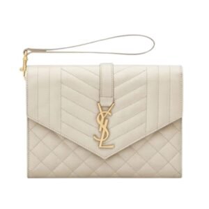 SAINT LAURENT WOMEN’S ENVELOPE FLAP POUCH IN MIX MATELASSÉ GRAIN DE POUDRE LEATHER BLANC VINTAGE