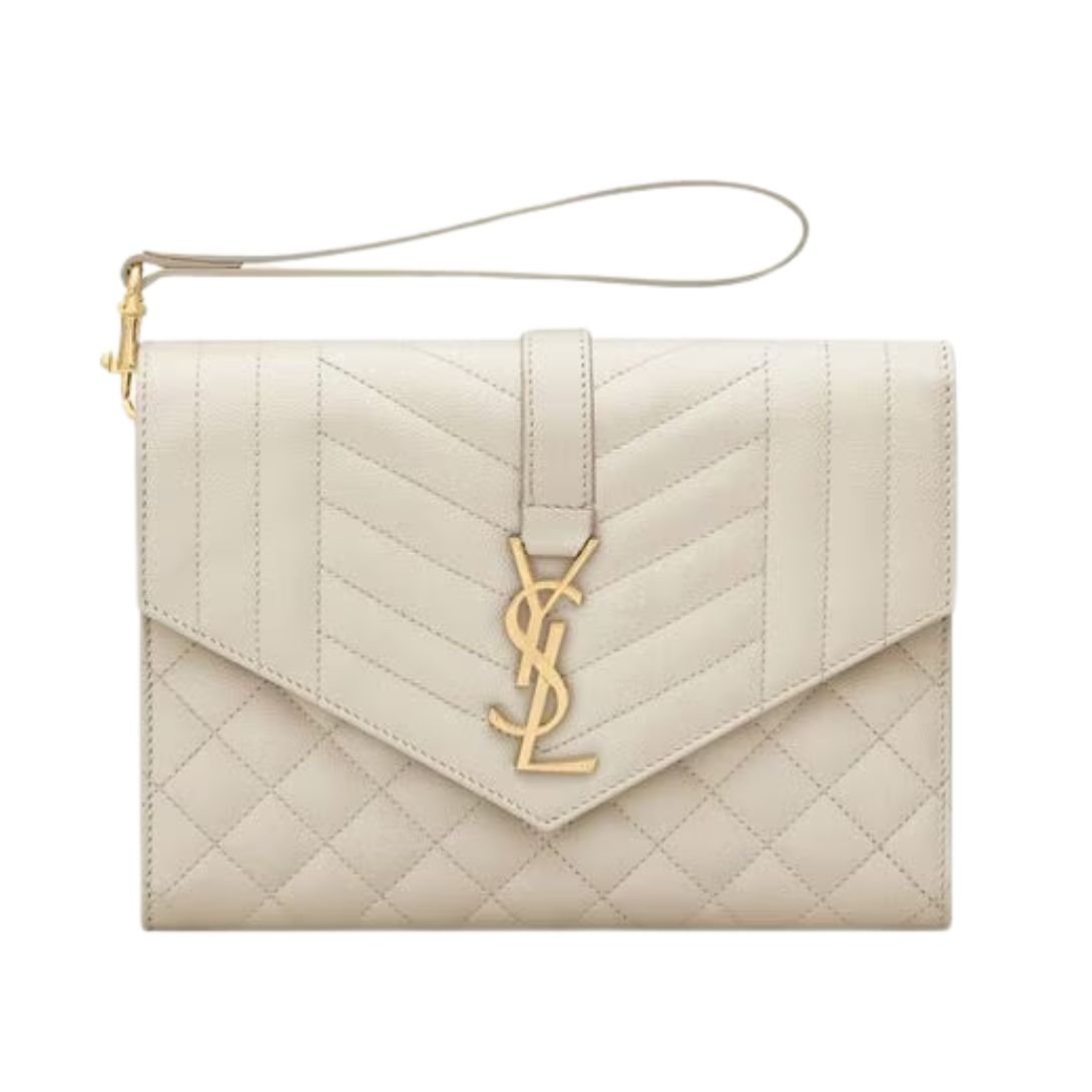 SAINT LAURENT WOMEN'S ENVELOPE FLAP POUCH IN MIX MATELASSÉ GRAIN DE POUDRE LEATHER BLANC VINTAGE