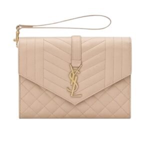 SAINT LAURENT WOMEN’S ENVELOPE FLAP POUCH IN MIX MATELASSÉ GRAIN DE POUDRE LEATHER DARK BEIGE