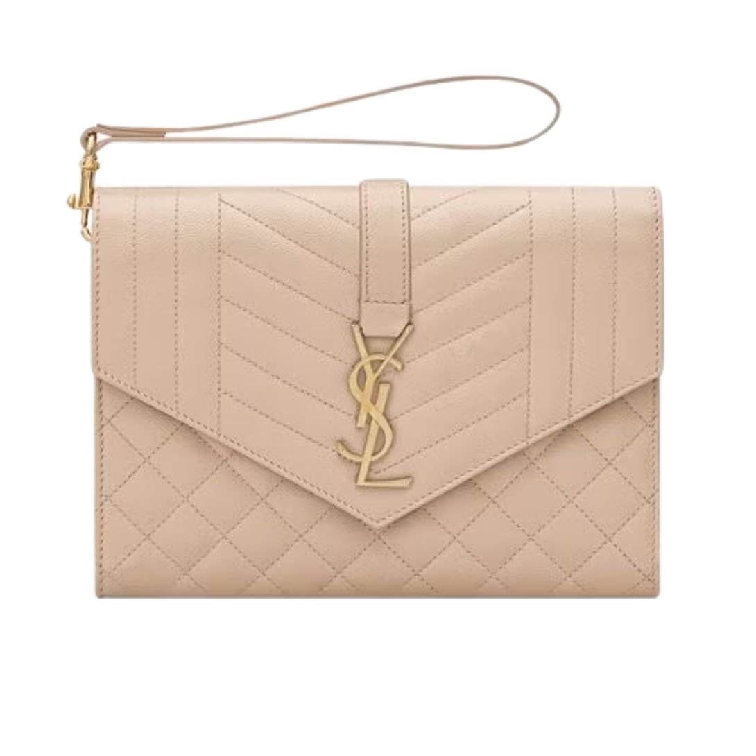SAINT LAURENT WOMEN'S ENVELOPE FLAP POUCH IN MIX MATELASSÉ GRAIN DE POUDRE LEATHER DARK BEIGE