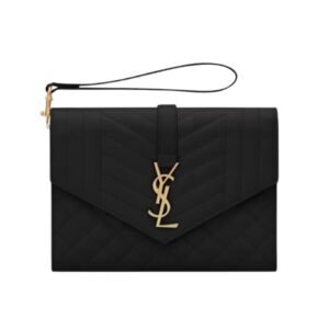 SAINT LAURENT WOMEN’S ENVELOPE FLAP POUCH IN MIX MATELASSÉ GRAIN DE POUDRE LEATHER BLACK