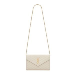 SAINT LAURENT CLASSIC CASSANDRE CHAIN WALLET IN GRAIN DE POUDRE LEATHER BLANC VINTAGE