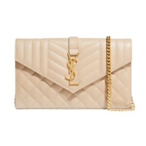 WOMEN’S SAINT LAURENT ENVELOPE TRIQUILT YSL WALLET ON CHAIN IN GRAINED LEATHER DARK BEIGE