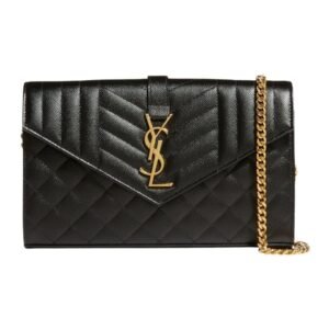WOMEN’S SAINT LAURENT ENVELOPE TRIQUILT YSL WALLET ON CHAIN IN GRAINED LEATHER BLACK