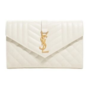 WOMEN’S SAINT LAURENT ENVELOPE TRIQUILT YSL WALLET ON CHAIN IN GRAINED LEATHER WHITE
