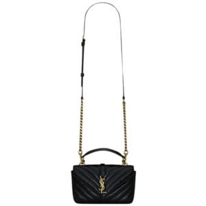 SAINT LAURENT WOMEN’S COLLEGE MINI CHAIN BAG IN SHINY CRACKLED LEATHER BLACK