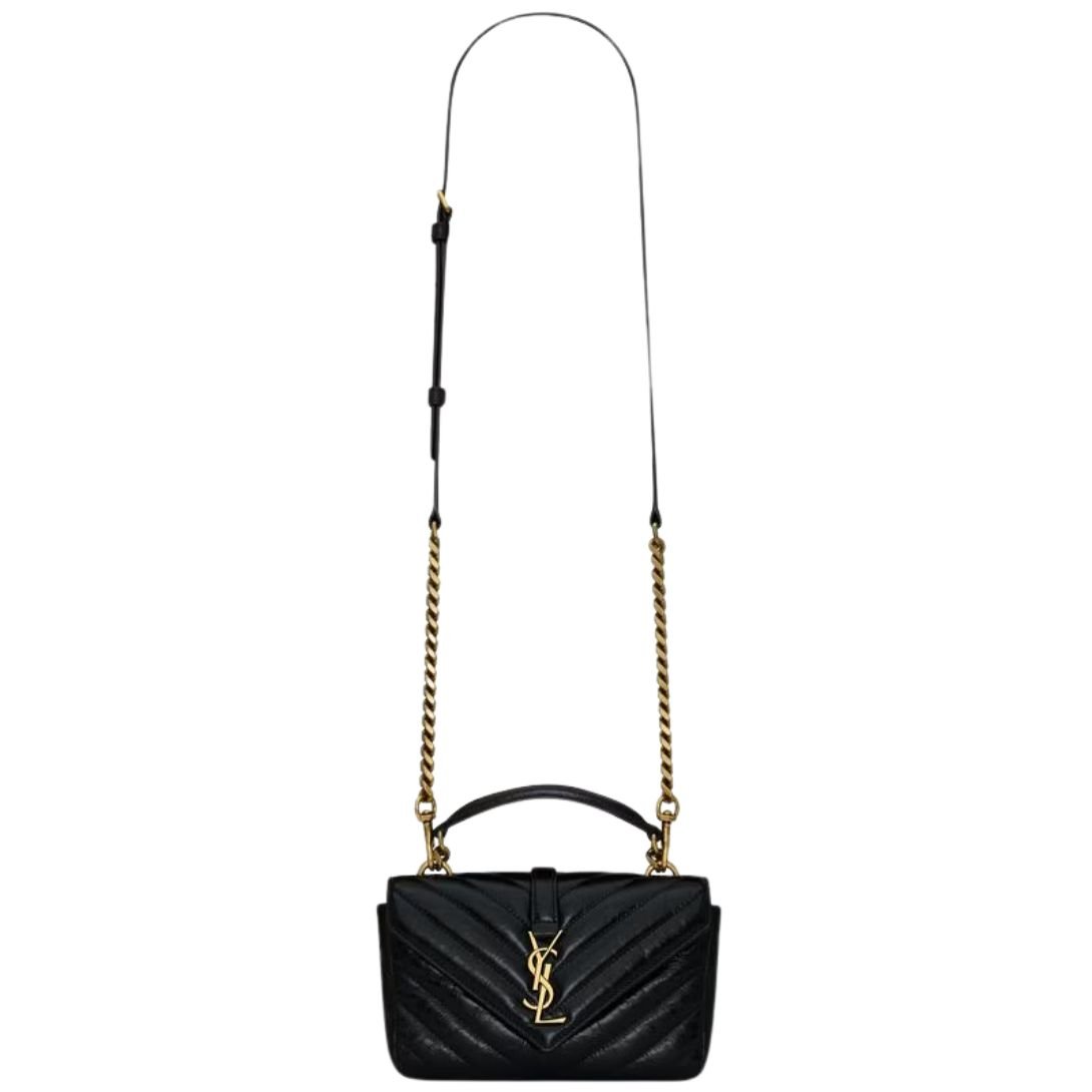 SAINT LAURENT WOMEN'S COLLEGE MINI CHAIN BAG IN SHINY CRACKLED LEATHER BLACK