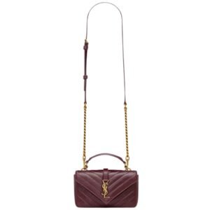 SAINT LAURENT WOMEN’S COLLEGE MINI CHAIN BAG IN SHINY CRACKLED LEATHER DEEP HOT WINE