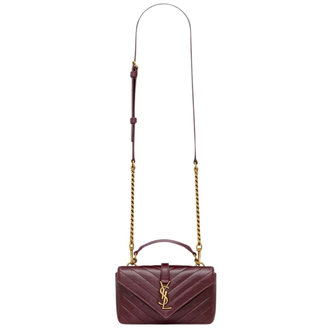 SAINT LAURENT WOMEN'S COLLEGE MINI CHAIN BAG IN SHINY CRACKLED LEATHER DEEP HOT WINE
