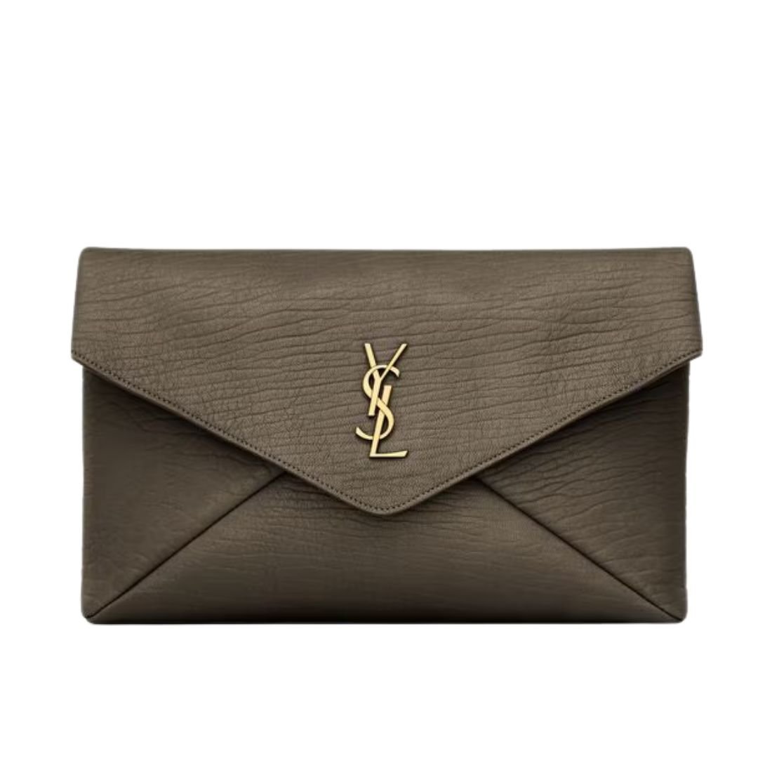 SAINT LAURENT CASSANDRE LARGE ENVELOPE POUCH IN LAMBSKIN LIGHT MUSK