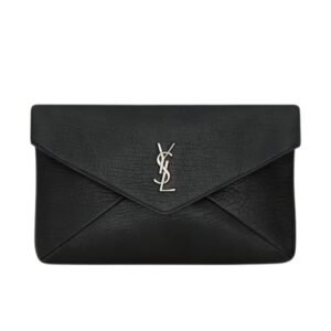 SAINT LAURENT CASSANDRE LARGE SILVER ENVELOPE POUCH IN LAMBSKIN