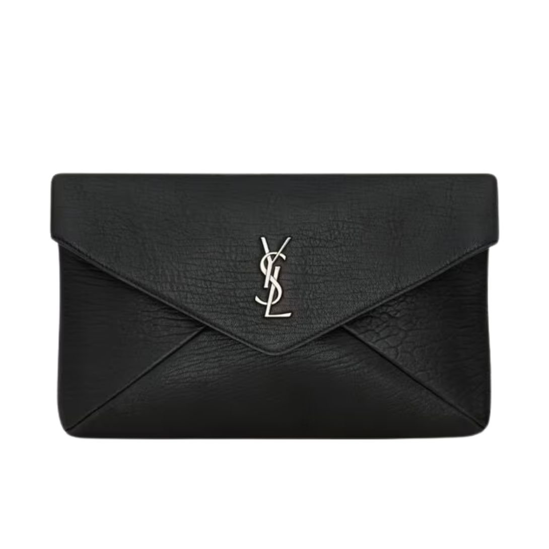 SAINT LAURENT CASSANDRE LARGE SILVER ENVELOPE POUCH IN LAMBSKIN