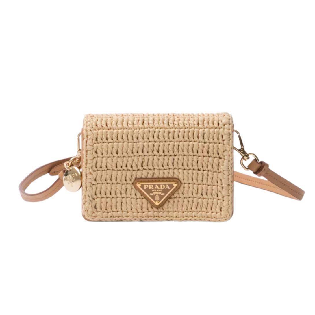 PRADA WOMENS CROCHET CARD HOLDER NATURAL