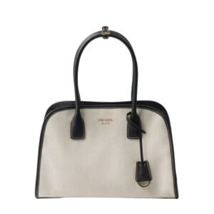 PRADA MEDIUM LINEN BLEND TOTE BAG FOR WOMEN TAN BLACK