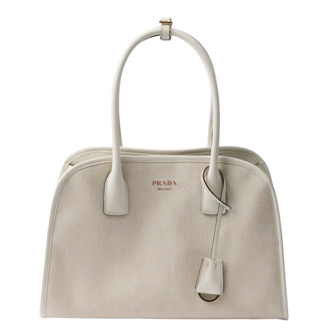 PRADA MEDIUM LINEN BLEND TOTE BAG FOR WOMEN TAN WHITE