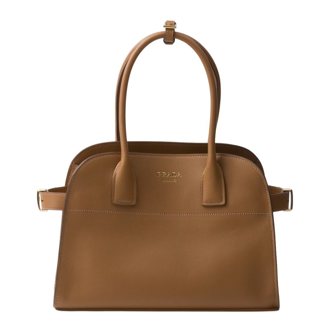 PRADA MEDIUM LOGO-STAMP LEATHER TOTE BAG WOMEN CARAMEL