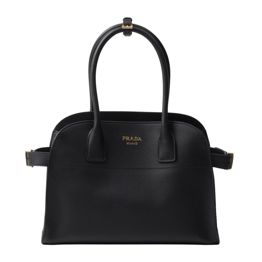 PRADA MEDIUM LOGO-STAMP LEATHER TOTE BAG WOMEN BLACK