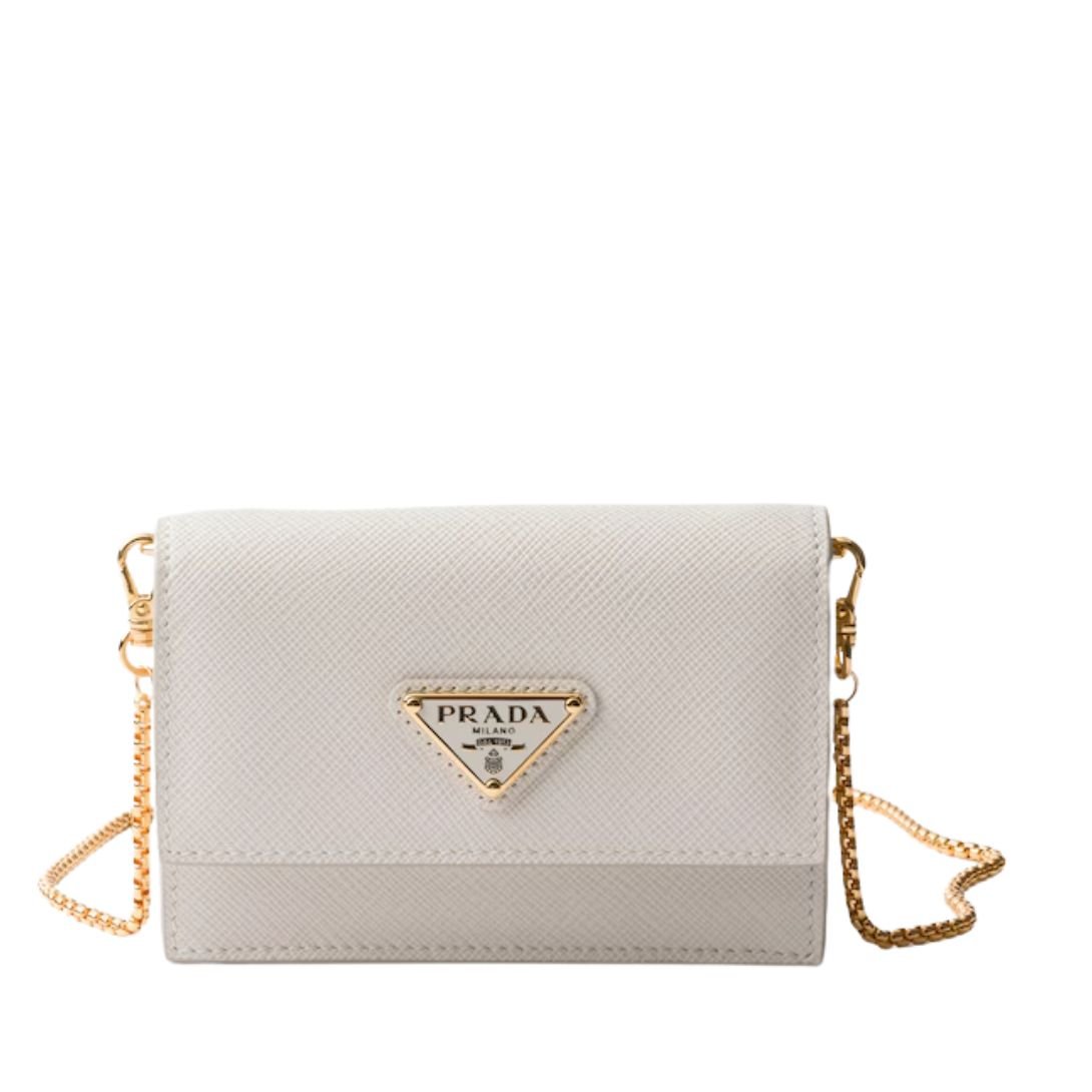 PRADA SAFFIANO LEATHER CARD HOLDER WITH SHOULDER STRAP CHALK WHITE