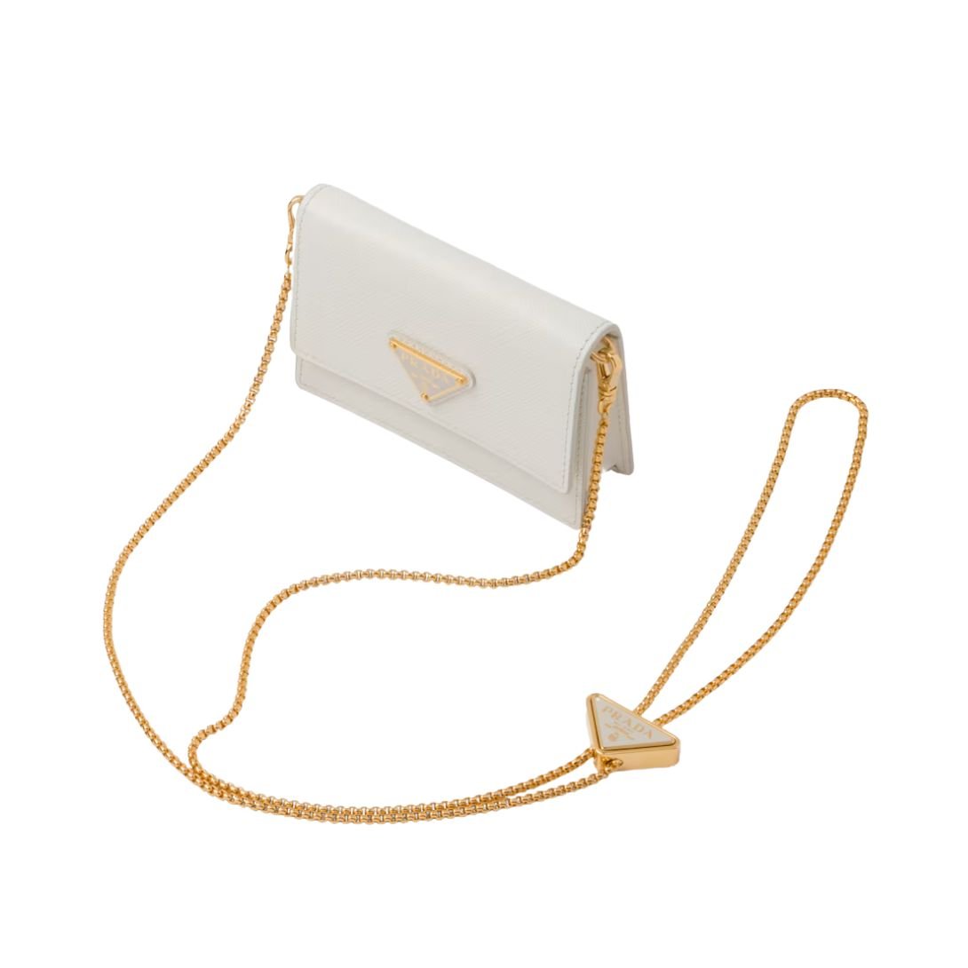 PRADA SAFFIANO LEATHER CARD HOLDER WITH SHOULDER STRAP WHITE
