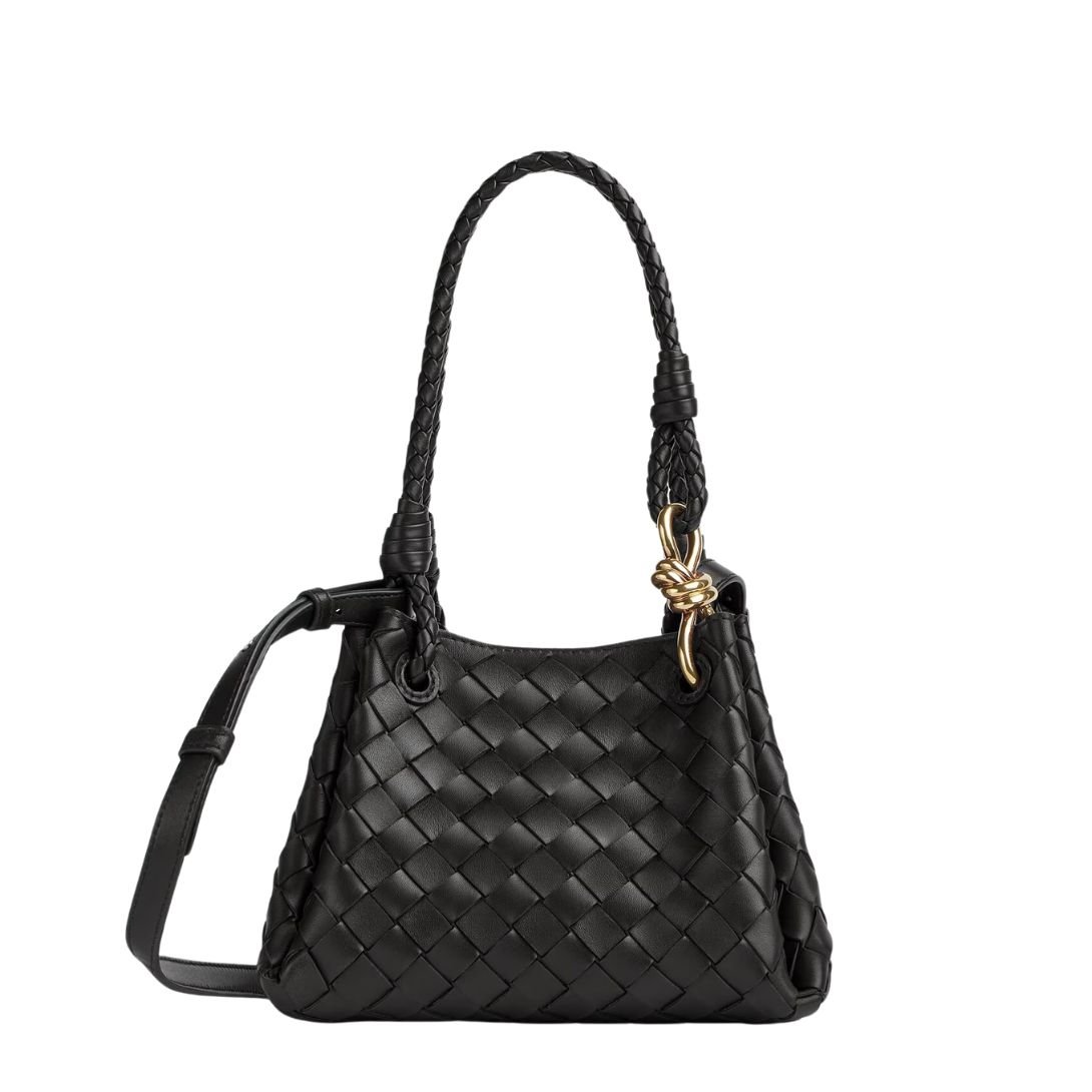 BOTTEGA VENETA PARACHUTE SMALL INTRECCIATO LEATHER SHOULDER BAG BLACK