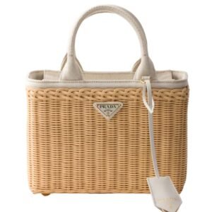 PRADA MEDIUM WICKER AND LINEN BLEND TOTE BAG WOMEN TAN WHITE