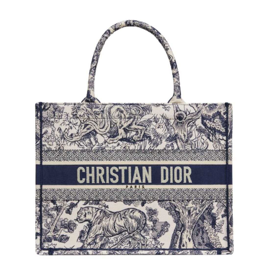 DIOR MEDIUM DIOR BOOK TOTE ECRU AND BLUE TOILE DE JOUY EMBROIDERY