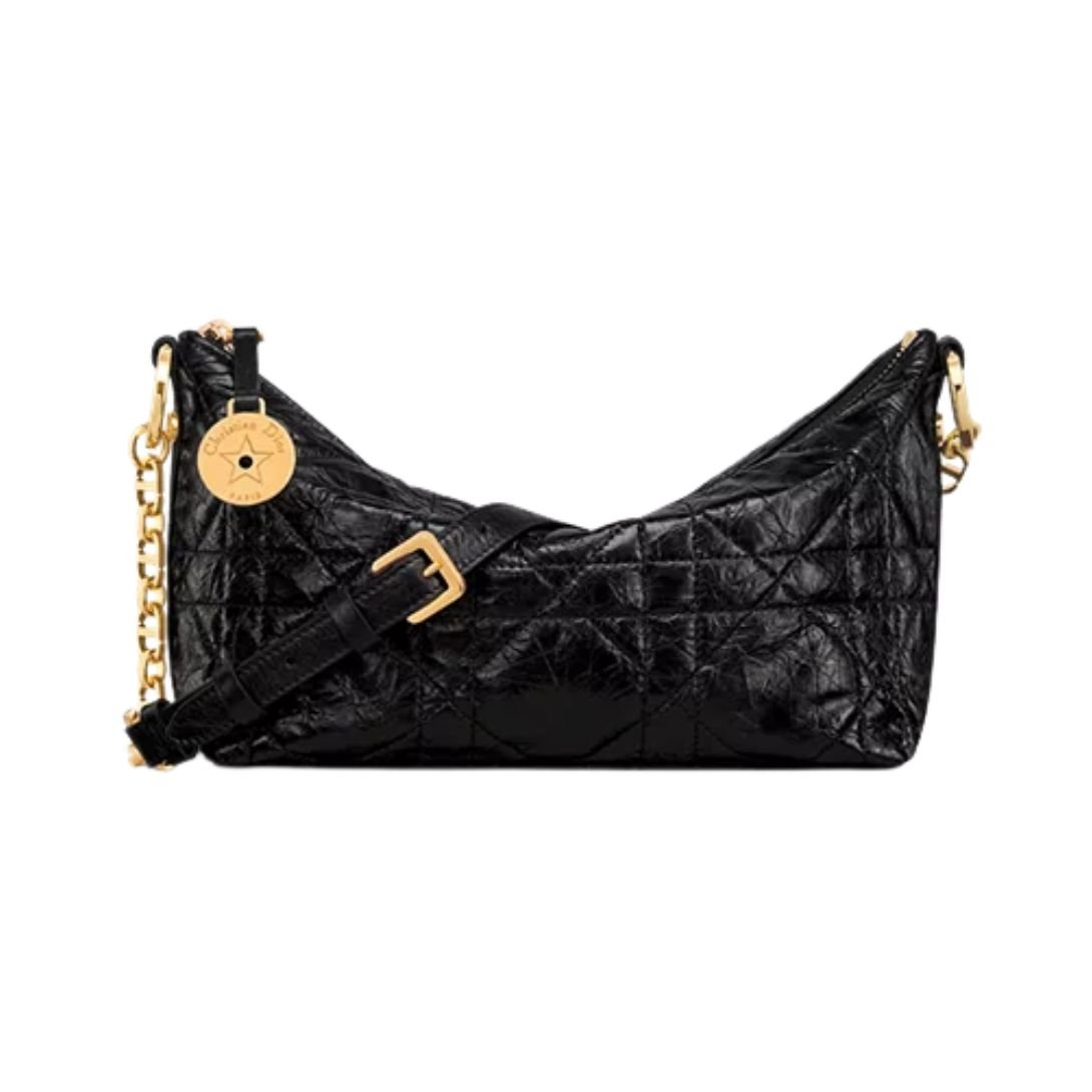DIOR DIORSTAR HOBO BAG WITH CHAIN BLACK MACROCANNAGE CRINKLED CALFSKIN WOMEN