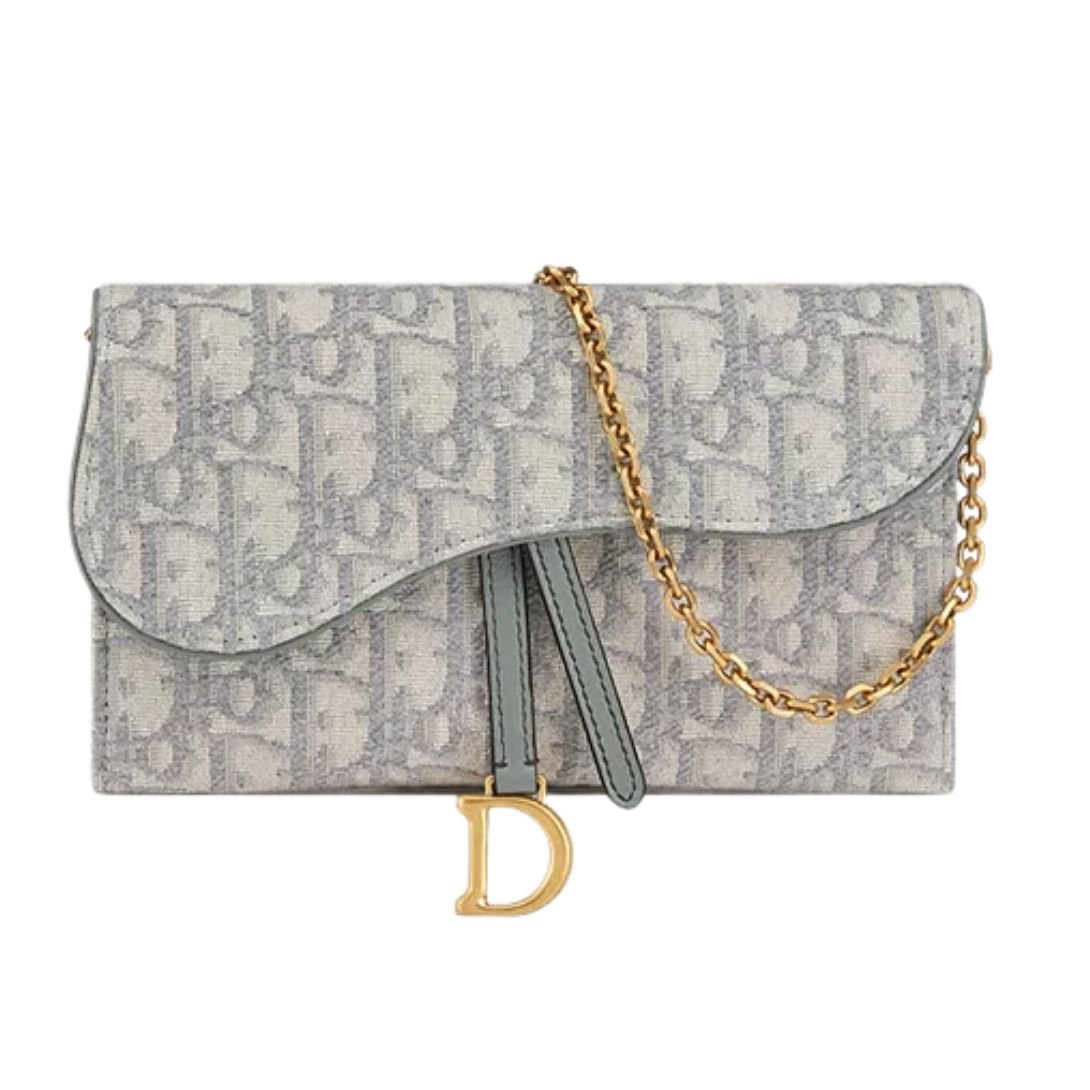 DIOR SMALL SADDLE POUCH WITH CHAIN GRAY DIOR OBLIQUE JACQUARD WOMEN