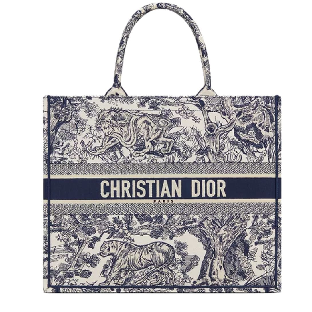 WOMEN DIOR LARGE DIOR BOOK TOTE ECRU AND BLUE DIOR OBLIQUE EMBROIDERY