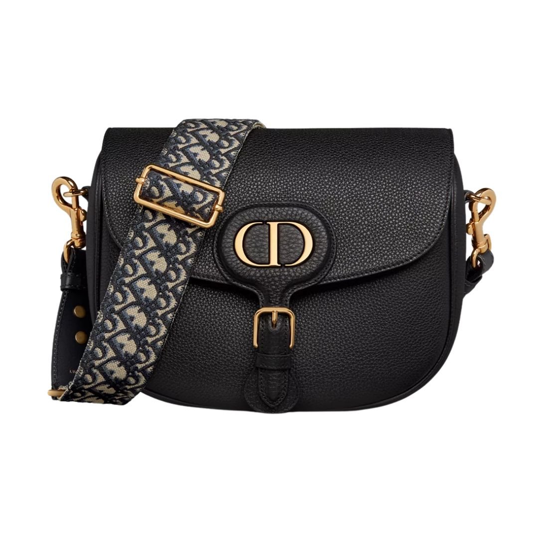 DIOR LARGE BOBBY BAG BLACK GRAINED CALFSKIN WITH BLUE DIOR OBLIQUE EMBROIDERED SHOULDER STRAP WOMEN